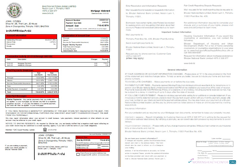 Download Bhutan National Bank mortgage statement, 2 pages, 1 2 scr Photoshop template